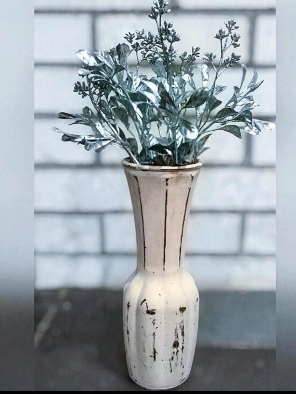 Farmhouse Shabby Chic Pink Patina Distressed 9" Vase. Silver Floral.